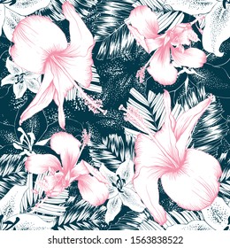 Seamless pattern pink hibiscus and white lily flowers and palm leaves on dark green background.Vector illustration line art drawing.