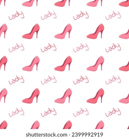 Seamless pattern with pink high heel shoes on white background. Vector illustration.