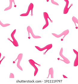 Seamless pattern of pink high heels with heart for the wedding or Valentine's Day. Cartoon vector isolated design for wallpaper, wrapping paper, textile, etc.