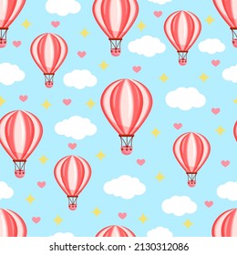 Seamless pattern with pink hot air balloon flying in the sky between the clouds. Vector texture illustration for postcard, textile, decor, paper, texture, wrapping.
