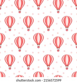 Seamless pattern with pink hot air balloon flying in the sky. Vector texture illustration for postcard, textile, decor, paper, texture, wrapping