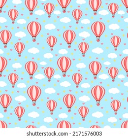 Patrón sin foco con globo de aire caliente rosa volando en el cielo entre las nubes. Ilustración de textura vectorial para postal, textil, decoración, papel, textura, envoltura.