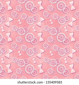 Seamless pattern of pink hourglass and gears.