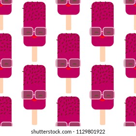 seamless pattern pink ice cream, ice lolly with sprinkles. Kawaii with pink cheeks and eyes, Sunglasses, pastel colors on white background. Vector