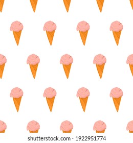 Seamless pattern with pink ice cream in waffle cone. Hand drawn vector illustration. Summer textile design