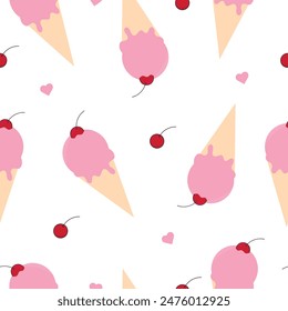 Patrón sin costuras con helado rosa y cereza. Fondo de dibujos animados del bebé. Bueno para cumpleaños, Fondo de pantalla, patrón, texturas de superficie, impresión en tela y papel.