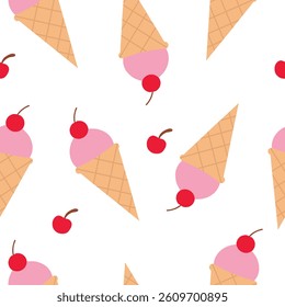 Seamless pattern with pink ice cream and cherry. Baby cartoon background. Good for birthday, wallpaper, pattern, surface textures, printing onto fabric and paper.