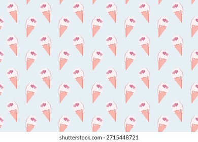 Patrón sin fisuras de conos de helado rosa con detalles de corazón sobre un fondo azul pastel suave. Diseño juguetón dulce para envolver papel, textiles, papelería, decoración de fiesta y temas de San Valentín