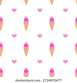 Patrón sin fisuras. Helado rosa en cono de waffle con corazón. Postre de San Valentín. Ilustración plana de Vector.