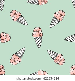 Seamless pattern with pink ice cream on mint background. Trendy summer texture. Vector illustration