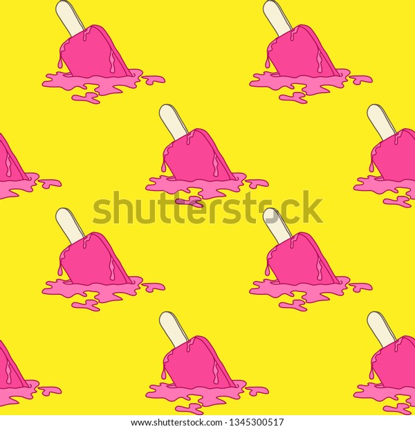 明るい黄色い背景にシームレスな模様とピンクのアイスクリームが落ちて溶けます かわいいポップスの壁紙 ベクターイラスト のベクター画像素材 ロイヤリティフリー 1345300517