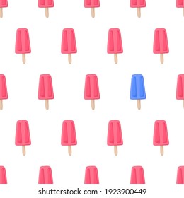 Seamless pattern with pink ice pops, with eye catching element - blue icepops. Hand drawn vector illustration. Summer textile design