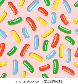 Nahtloses Muster mit rosafarbenem Eis für Donuts mit vielen dekorativen, hellen Sprinklen. Vektorgrafik von bunten Süßigkeiten für Stoffe, Texturen, Tapeten, Poster, Karten.