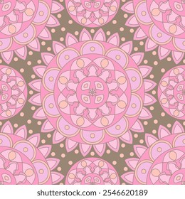 Nahtloses Muster mit rosa indischen Blumenornament für Stoffmuster oder Packpapier. Vektorabstrakter kaleidoskopischer Hintergrund