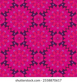 Seamless pattern with pink Indian floral ornament for fabric swatch or wrapping paper. Vector vivid abstract kaleidoscopic background