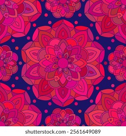 Seamless pattern with pink Indian floral ornament for fabric swatch or wrapping paper. Vector vivid abstract kaleidoscopic background