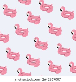 Seamless pattern with pink inflatable flamingo floats. Cute summer background in cartoon flat style. Vector illustration.