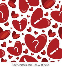 seamless pattern with pink information icon and question mark on red heart placed randomly, valentine's day pattern