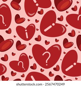 seamless pattern with pink information icon and question mark on red heart placed randomly on pink background, valentine's day pattern