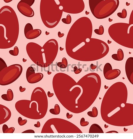 seamless pattern with pink information icon and question mark on red heart placed randomly on pink background, valentine's day pattern