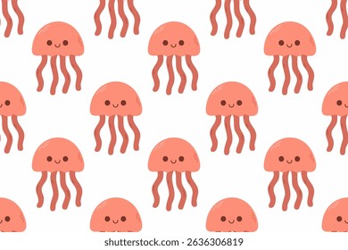Seamless pattern with pink jellyfish repeated on white background, perfect for kids’ sea-themed designs and educational materials
