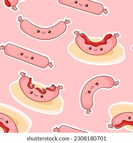 Seamless pattern of pink kawaii sausages on a pink background