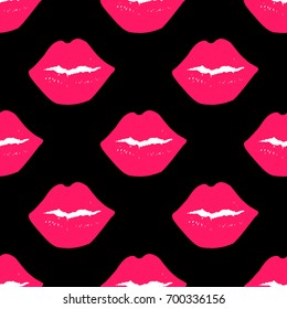 Seamless pattern with pink kisses on black background. Can be used for design of wrapping paper; textile; blog decoration; banner; poster; or romantic greeting card.Vector illustration.