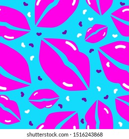 Seamless pattern with pink kissing lips on blue background. Vector illustration.