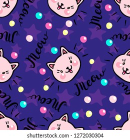 Seamless pattern with pink kittens and brush calligraphy Meow