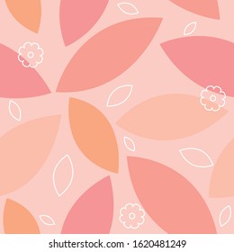 Seamless pattern with pink leaves and flower for textile, paper, website. Vector flat illustration isolated on the white background. 