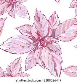Seamless pattern. Pink leaves on a white background. Basil. Endless wallpaper in a gentle style. Watercolour.