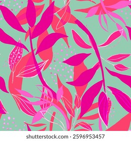 seamless pattern with pink leaves on mint background 