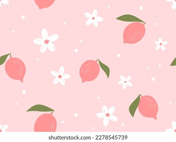 Seamless pattern of pink lemon with green leaves and white flower  vector illustration. Cute fruit print.