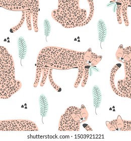 Seamless pattern with pink leopard print. Vector illustration for printing on fabric, Wallpaper, dishes, postcard, picture, bed linen, children's products. Cute baby background.