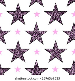 Seamless pattern of pink leopard print stars  on white background.