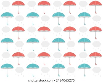 
Seamless pattern of pink and light blue umbrellas and rain. Colorful and cute background material inspired by the rainy season.