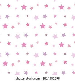 Seamless pattern with pink and light lilac stars on white background. Vector image. 