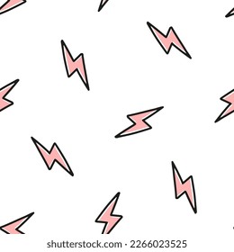 Seamless pattern with pink lightning bolt with black outline