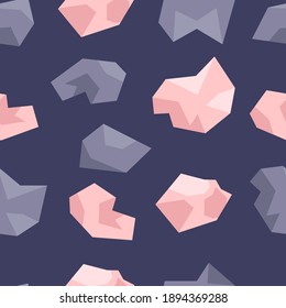 Seamless pattern of pink and lilac crystals. Gems, diamonds, gems on a dark blue background. Hand drawn vector illustration