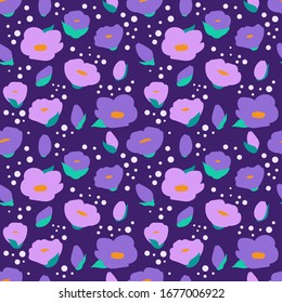 Nahtloses Muster mit rosafarbenen und lila Blumen, Knospen und grünen Blättern. Modernes abstraktes Design für Papier, Deckel, Stoff, Inneneinrichtung