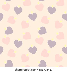 Seamless pattern with pink and lilac hearts and crowns. Background in pastel colors. Good for design of wrapping paper, greeting cards, invitations for party or wedding and Valentine's Day decoration.