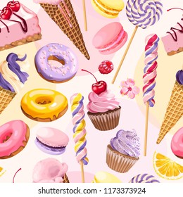 Seamless pattern with pink and lilac sweets