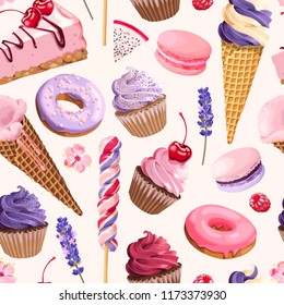 Seamless pattern with pink and lilac sweets