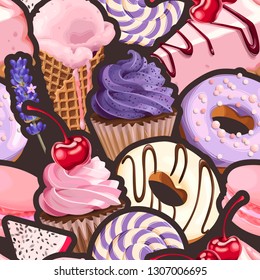 Seamless pattern with pink and lilac sweets