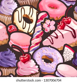 Seamless pattern with pink and lilac sweets