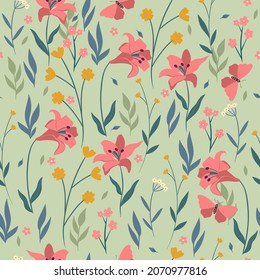 Seamless pattern with pink lilies, flowers, leaves and butterflies. Vector graphics.