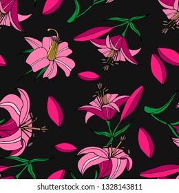 Seamless pattern of pink lilies on black background. Vector illustration.