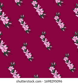 Patrón sin soldadura con lirios rosas. Ilustración vectorial en un fondo púrpura. Patrón con flores primaverales. Diseño de papel de embalaje con una impresión festiva. Diseño de Semana Santa con lirios. 
