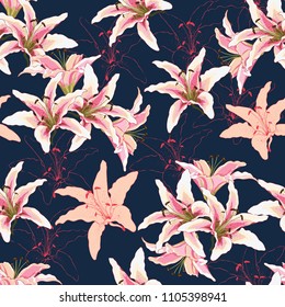 Seamless pattern pink lilly flowers on dark blue background.Vector illustration watercolor style.For used wallpaper design,textile fabric or wrapping paper