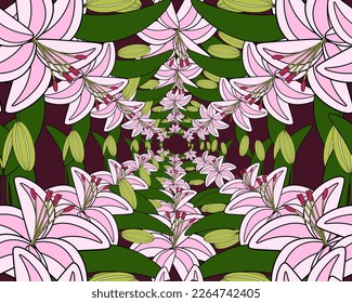 Seamless pattern with pink lily on viva magenta background. Endless backdrop with flowers. Wallpaper and fabric print.
